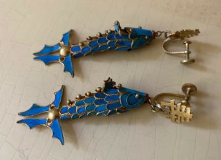 Antique Vintage Asian Chinese Kingfisher Feather Articulated Fish Earrings