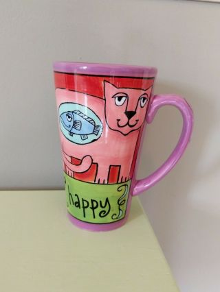 Pink Ursula Dodge Tall Coffee Mug “happy” Cats With Fish In Belly Large Tea Cup