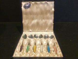 Vintage Frigrast Sterling Silver Enameled Set Of 6 Demittase Spoons In Case