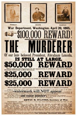 12x18 John Wilkes Booth Wanted Poster Abraham Lincoln Assassination Photo Reward