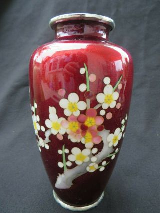 Vintage Japanese Cloisonne Pigeon Red Vase With Cherry Blossom 7 " Tall