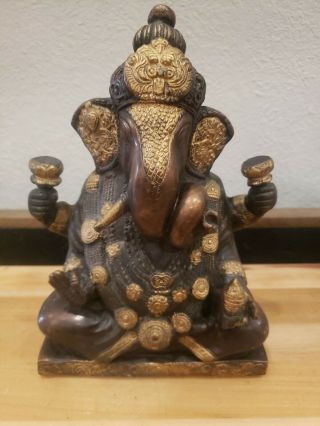 Antique Vintage India Bronze Gold Lord Ganesh Hindu Elephant God Statue 9 " X 6.  5 "