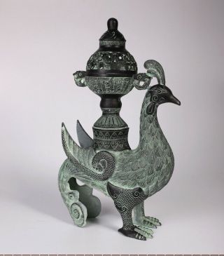14 Inches Chinese Archaize Bronze Bird Phoenix Incense Burner Censer Statue