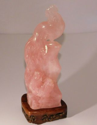 Antique Chinese Natural Rose Quartz Finely Carved Phoenix Bird Figure & Stand