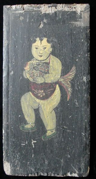 Old Chinese Painted Wood Panel With Child Holding A Fish