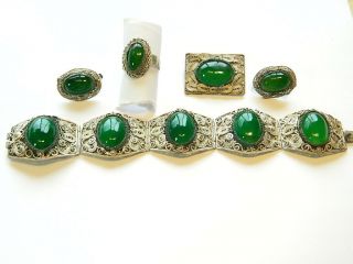 Vintage Chinese Silver Filigree Peking Glass Bracelet Pin Earrings Ring Set