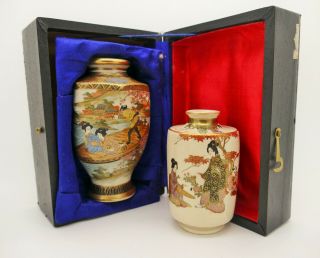 Antique Japanese Satsuma Vases Meiji Taisho Period Signed - Set Of Two