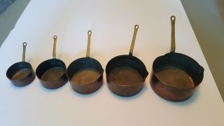 Antique Vintage Mini Copper Pan Saucepan Set Of 5 Bronze Handles 2 " To 4 "