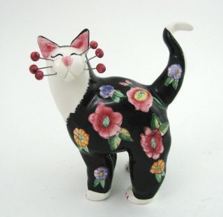 Whimsiclay Black Floral Cat Figurine Amy Lacombe 2002 Annaco Creations Ceramic