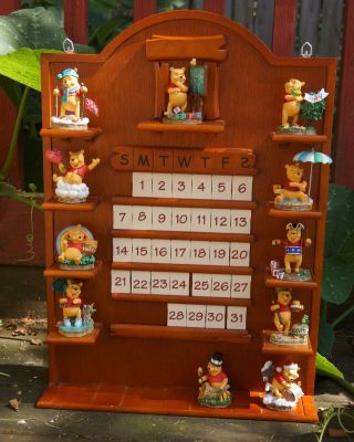 Vintage Disney Classic Pooh Calendar Figurines & Wood Display Case