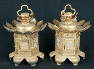 Japan Buddhist Bronze Lamps Twin Lanterns 1950s Japanese Hand Made Craft
