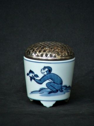 Japanese Antique Pottery Blue & White Imari Monkey Incense Burner With Signed