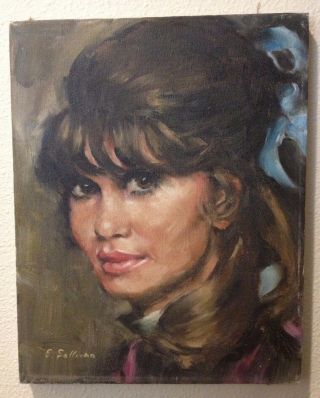 Vintage Portrait Painting Signed E.  Sullivan Lovely Brown Eyed Girl Oil Canvas