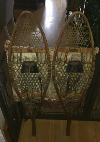 Antique Saggahew Snowshoes 43.  5 " By 11.  5 " Snow Shoes With Leather Bindings
