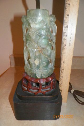 Old Vintage Chinese Carved Jade Lamp On Wooden Base