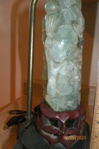 Old Vintage Chinese Carved Jade Lamp on Wooden Base 2