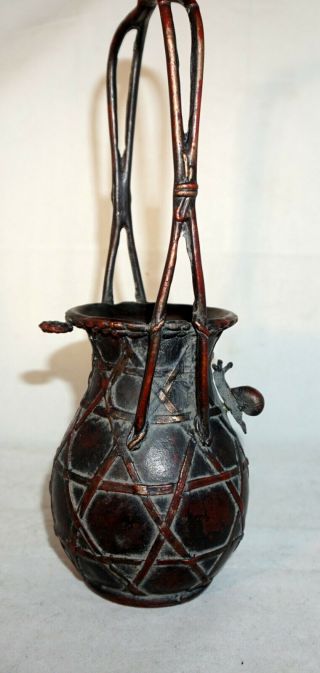 Vtg Sgnd Asian Chinese Japanese Bronze Vase W/handle,  Snail & Basket Weave Decor