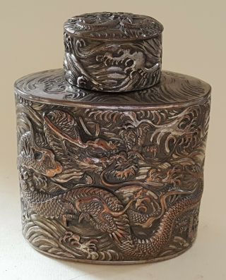Chinese Silver Plate Vintage Victorian Oriental Antique Dragon Tea Caddy Box