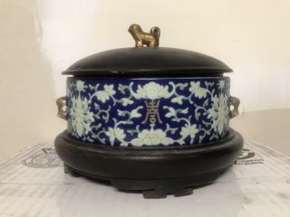 Hand Painted Antique Chinese Jar With Wood Stand And Lid
