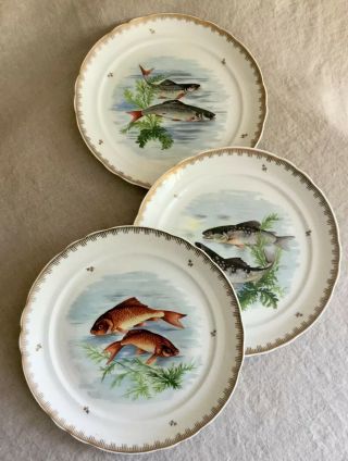 Vintage Hand Painted Limoges France Fish Plates Set Of 3 Dinner Plates 9”