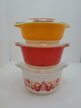 3 Set Of Vintage Pyrex Bird Friendship Casserole Dish/bowl 471 472 473 470 - C
