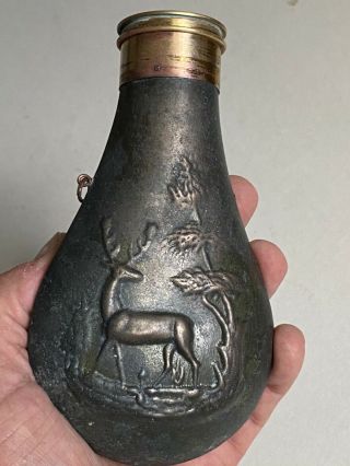Antique Copper W/ Brass Gun Powder Flask 3d Images Deer/buck