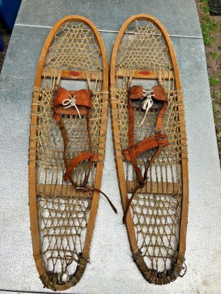 Vintage Snowshoes 36x10 Faber Snow Shoes Labels Leather Bindings Made In Canada