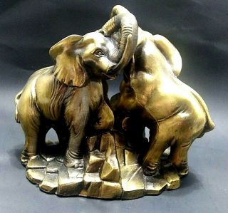 Pair Mid Century Brass & Bronze Tone Heavy Metal Elephant Bookends C.  1975