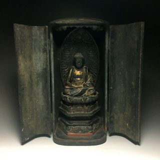 Old Edo Period,  Japanese Japan,  Buddhism Buddha Statue Syaka & Zushi Box 30cm 地