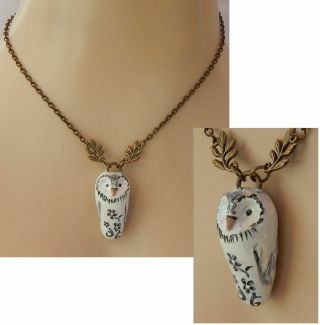 Necklace Owl Pendant Gold Jewelry Handmade Chain Hand Sculpted Polymer Clay