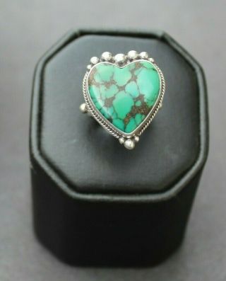 Vintage Navajo E.  T.  Native American Sterling Silver Turquoise Heart Ring Sz 7