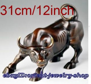 12inch Big Wall Street Old Bronze Fierce Bull Ox Statue