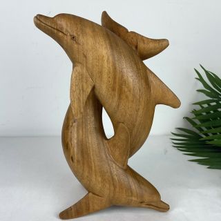 LARGE 11.  5” Hand Carved Wooden 2 Dolphins Frolicking Statue Figuring 3