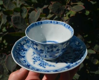 Antique Chinese Blue & White Kangxi Period Mark Porcelain Tea Cup & Saucer Plate
