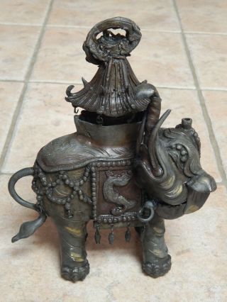 Antique Chinese Qing Bronze Elephant Incense Burner With Pagoda