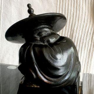 Vintage Heavy Hot Cast Bronze Chinese Seated Sleeping Sculpture Figure Large Hat