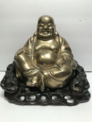 Vintage Brass Buddha Statue On Carved Wooden Stand