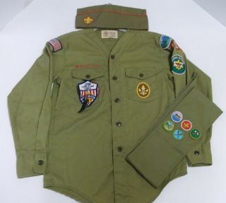 Vintage Boy Scout Uniform Green Shirt With Patches,  Cap,  Sash