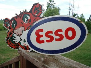 Large Old Vintage 1960s Esso Tiger Porcelain Die Cut Gas Station Pump Sign Exxon