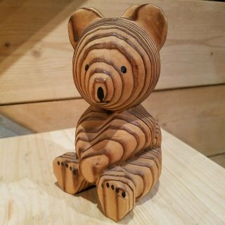 Vtg Hand Carved Wood Cryptomeria Bear Figurine Teddy Striped Rings - Swanky Barn