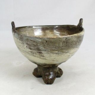 B321: Korean Unusual Shaped Bowl Of Pottery Of Hakeme Glaze With Good Atmosphere