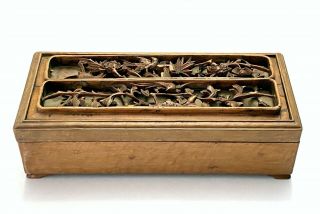 Antique Chinese Carved Huanghuali (?) Wood Panel Birds Floral Rectangular Box
