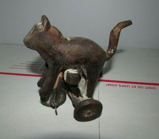 Vintage Primitive Folk Art Cat On Tricycle Hand Carved Wood Toy