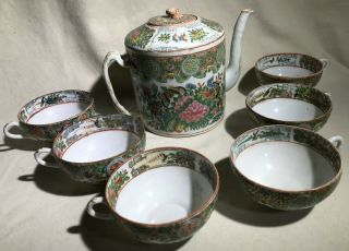 Antique Famille Rose Canton Medallion Tea Pot & 6 Cups Chinese Export Good Cond