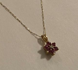 Vintage 14k Yellow Gold Red Ruby & Diamond Flower Floral Pendant For A Necklace