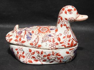 Antique Vintage Chinese Canton Imari Porcelain Hand Painted Lidded Duck Bird Box