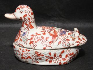 Antique Vintage Chinese Canton Imari Porcelain Hand Painted Lidded Duck Bird Box 3
