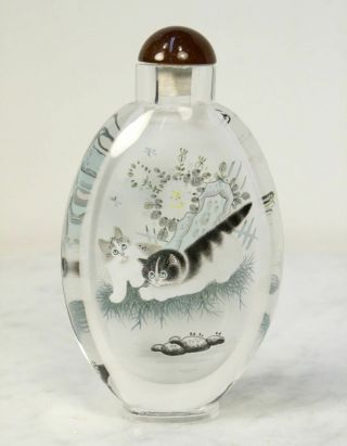 Large Antique Chinese Glass Snuff Bottle.  Reverse Hand Painted Cats Butterfly