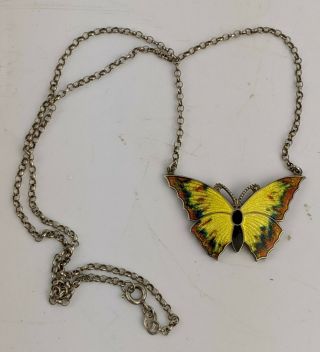 Vintage Silver & Enamel Butterfly Necklace Pendant By Ej Ld 1970s 