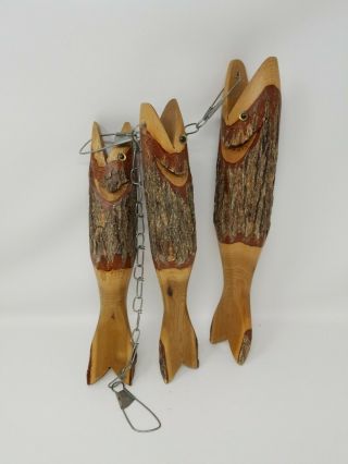 Set Of 3 Large Wood With Bark Carved Fish On A Stringer Cabin Lodge Decor